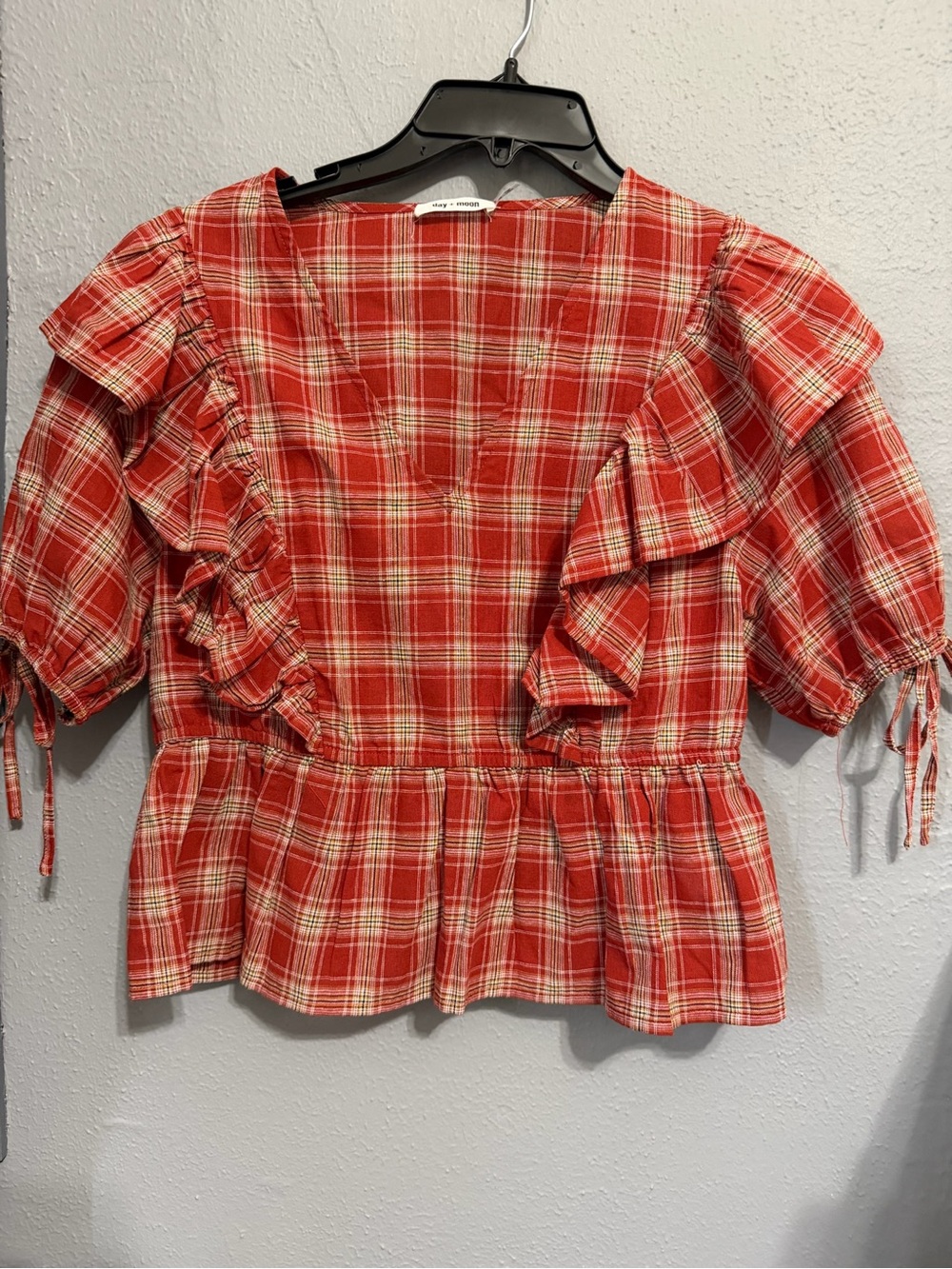 Day + Moon V Neck Red Plaid Ruffle Peplum Blouse size S